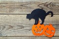 Halloween holiday background with black cat and Jack-oÃ¢â¬â¢-Lantern cut paper on old boards.